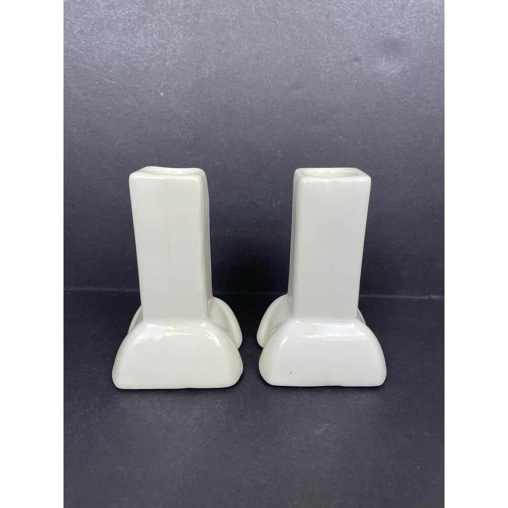 Haeger Ivory 4” Ceramic Candlestick Holders MCM Square Abstract Base USA 1989